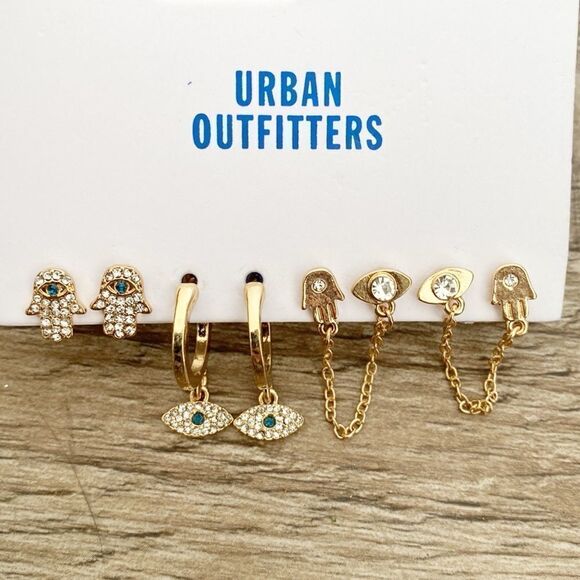 Urban Outfitters Rhinestone Hamsa & Evil Eye Gold Plated Set of Earrings - Picture 3 of 3